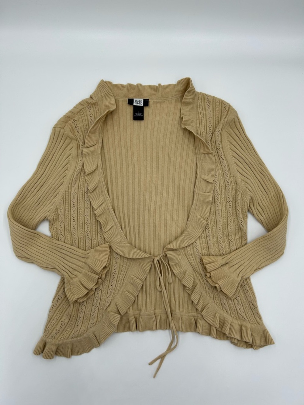 Studio Beige Ruffle-Trim Knit Cardigan with Tie Front